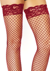 Stay Up Fishnet Thigh High Stockings in Burgundy One Size Hosiery